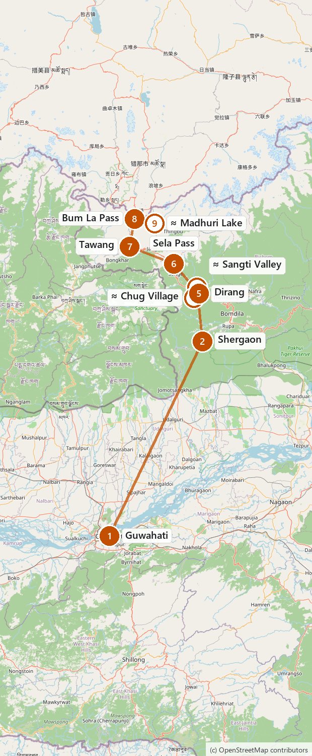Route map for Arunachal - Peaks, Passes & Prayer Flags 2026